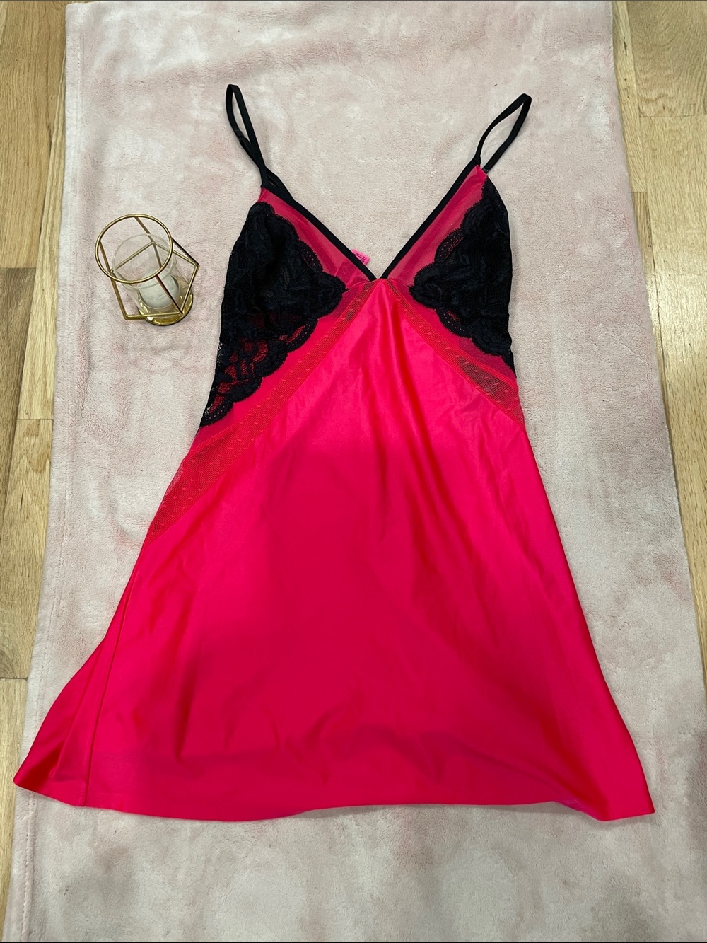 La Senza Hot Pink Satin & Black Lace Slip Dress Y2K Style Chemise M